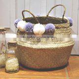 Decorative Seagrass Storage Baskets, Belly Seagrass Basket With Pompoms thumbnail-1