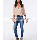 100% Polyester Wrap Over Nude Women Blouse for Middle Aged Women thumbnail-5