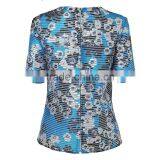 Women New Fashion Round Neck Jacquard T Shirt Digital Floral Printed With Stripes Tops for Ladies thumbnail-2