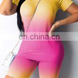 2020 New Sports 2 Piece Suit Short Sleeve Gradient Color Tie Dip Dye Workout Biker Women Two Pieces Shorts Sets Sleepwear thumbnail-5