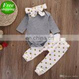 Valentine's Day Outfits Newborn Baby Boy Solid Gray Romper & White Heart Print Pants & Headband Outfits Set