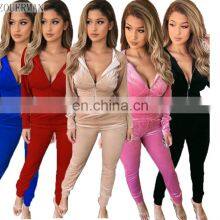 New Fashion Women Autumn Winter Casual Fleece Zipper Hooded Short Tops Long Sleeve Tops + Pants Suit Pants Set Two Piece Set thumbnail-1