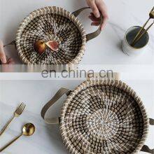 Set Of 3 Round Seagrass Serving Tray With Carrying Handle Mixed Plastic String Vietnam Supplier thumbnail-5