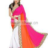 Pink and Orange Color Weightless Embroidery Saree thumbnail-1