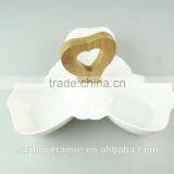 White Ceramic Porcelain Snack Serving Plate With Wooden Handle 3 Section thumbnail-2