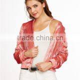 Women Zip Up Shirred Velvet Bomber Jacket Pink With Side Pockets Slim Fit Classic Shiny Jacket Coat thumbnail-4