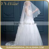In stock soft tulle satin bridal veil beaded trim With Appliqued Lacework Lace Bridal Veils