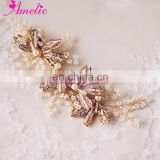 Handmade Superior Quality Wedding Hair Accessories Small Beads Alloy Crystal Leaves And Pearl Wedding Hair Side Clip Decoration