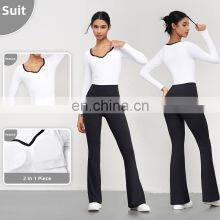 Contrast Color Sports Tight Shirts Women Long Sleeve V Neck Causal Custom Crop Tops 80nylon 20spandex thumbnail-4