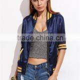 Women Custom Back Embroideried Zip Up Coat Striped Half Sleeve Satin Bomber Jacket Navy Blue thumbnail-2
