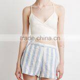 Striped Linen-Blend Viscose Women Casual Shorts With Two Pockets thumbnail-1