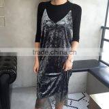 Velour Slip Mid-calf Lace Patchwork Ladies Spring Summer Dresses thumbnail-2
