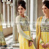 Cream Color on Yellow Grey Embroidery Heavy Designall Over Long Anarkali Designer Semi Stitch Salwar Kameez thumbnail-1