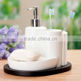 4pcs white ceramic bathroom sets with wooden tray