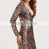 OEM Service Fashion Luxury Long Sleeve Mini Dress Deep V Neck Bodycon Dress Gold Beaded Sequins Club Dresses For Adults thumbnail-3