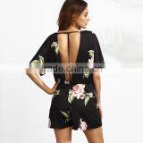 HAODUOYI Women Sexy Print Backless Crew Neck Breasted Romper Beach Party Short Sleeve Jumpsuit thumbnail-3