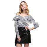 Off Shoulder Stripe Tops Clothes Ruffle Slash Neck Shirt Women thumbnail-1