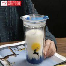 Deer Cup Custom 400ml Frosted Glass Tumbler With Silicone Sleeve Borosilicate Glass Cup With Lid and Straw thumbnail-1