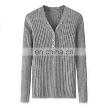 100% Solid Style Casual Spring Rib Knit Pullover V-Neck Cashmere Sweater for Women With Front Button Decoration thumbnail-3