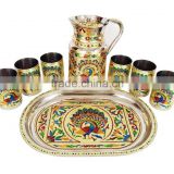 ROYAL PEACOCK Designed MEENAKARI Decorated Stainless Steel JUG/POT with matching TRAY & 6-GLASSES - G.M.