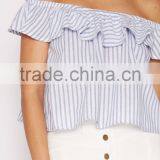 Summer Fashion Women Clothes Ruffle Cropped Tops off Shoulder Striped Tops thumbnail-6