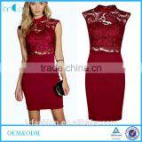 Sexy Party Burgundy Pencil Dress High Neck Lace Midi Dress thumbnail-1