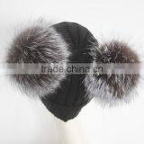 Myfur Black Double Silver Fox Fur Pom Puff Knitted Funny Cute Beanie Hats thumbnail-3