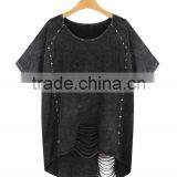 Women's Hollowed-out Short Sleeve Washed Vintage 100% Cotton t Shirt With Rivets thumbnail-1