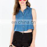Woman Fashion Single Chest Pocket Cropped Denim Sexy Cotton Shirt thumbnail-2