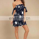 Navy Blue Embroidered off the Shoulder Beautiful Lady One-piece Dress thumbnail-3