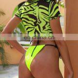 Women Brazilian 3pcs-set Sexy Print Micro Bottom String Beach Bikini Lady Half Sleeve Swimwear Mujer High Waist Padded Swimsuit thumbnail-3
