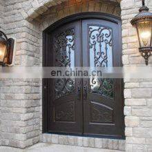 Luxury Security Steel Entry Double Decorative Glass Modern French Arched Eyebrow Top Design Exterior Wrought Iron Doors for Sale thumbnail-3