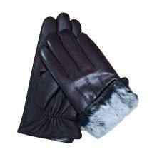 Custom Men Black Winter Warm Waterproof Fashion Sheepskin Leather Gloves With Rabbit Fur Lining thumbnail-3