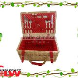 red leather straps new design cheap wholesale natural wicker picnic basket food basket bamboo two persons with polka dot liner
