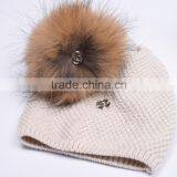 Girls Cotton Knitted Hats With Removable Raccoon Fur Pompoms at Side KZ160091 Supplier's Choice thumbnail-4