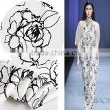 Printed Black White Floral Spandex Silk Fabric thumbnail-2