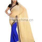 Beaige and Blue Color Weightless Embroidery Saree thumbnail-1