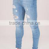 2016 Vintage Men's Straight Fit Ripped Washed Selvedge Light Blue Denim Jeans thumbnail-2