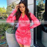 Long Sleeve Dress Tie-dye Floral Print Women's Bodycon Front Zipper Up Stacked Dress thumbnail-1