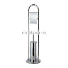 Silver Stainless Steel Round Design Standing Toilet Brush Rack and Toilet Tissue Holder thumbnail-2