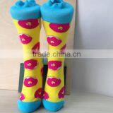 Brand Embroidery Logo Bright Yellow Donut Design Women Cozy Christmas Sock