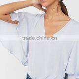 Batwing V Neck Bodysuit Women Casual Frill Sleeve Blouse Designs thumbnail-3