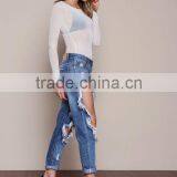MGOO High Quality Tore Up Knee Women Blue Color Jeans Cotton Baggies In Fold Pants 2016 thumbnail-6
