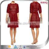 2016 New Fashion Half Sleeve Dark Red Lace Cocktail Dress Short