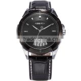 Fashion Stainless Steel Case Black Genuine Leather Strap Male Men Wrist Quartz Watch