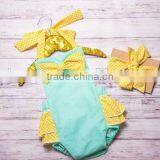 Baby Girls Mint And Yellow Polk Dots Ruffle Bubble Baby Kids Clothes Romper thumbnail-2