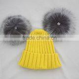 Myfur Yellow Color Wool Knitting Beanie Hat With Genuine Silver Fox Fur Pompoms thumbnail-6