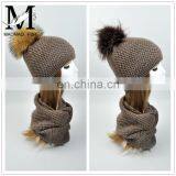 Wholesale Knitted Scarf Women Raccoon Fur Ball Winter Hat All in One Hat and Scarf thumbnail-3