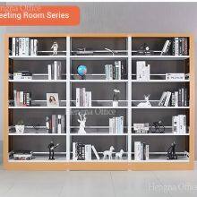 Двусторонняя библиотечная книжная полка на 5 ярусов с металлическим каркасом и деревянными боковыми панелями для хранения в офисе или школе