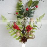 wholesale high quality artificial holly leaf pine needle and diy foam red berry pick 17" branches pick decoration in christmas